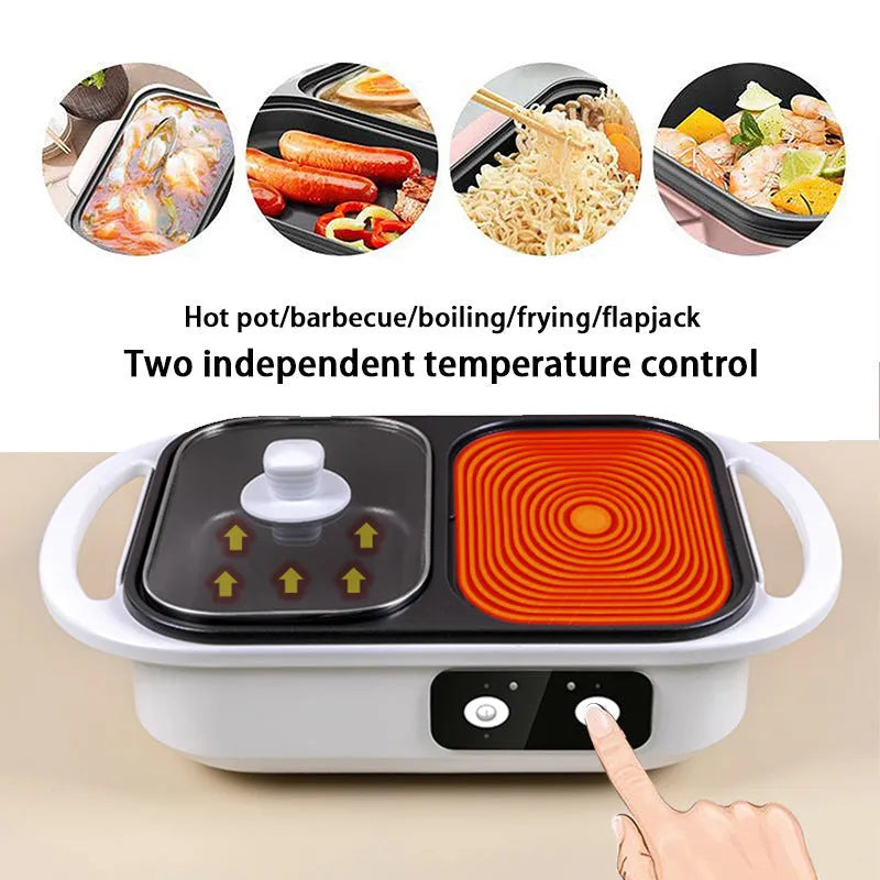 A white or green household electric hot pot appliance with mechanical controls, shown with its pot.