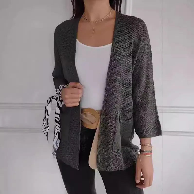 Women's waffle knit cardigan coat in army green with nine-quarter sleeves and pockets