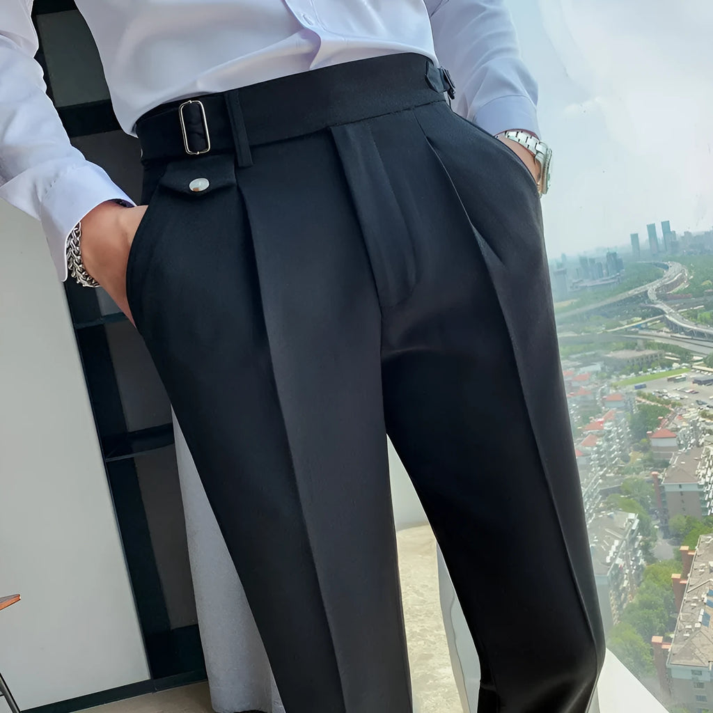 Men's straight-leg casual trousers in a solid colour on a hanger.