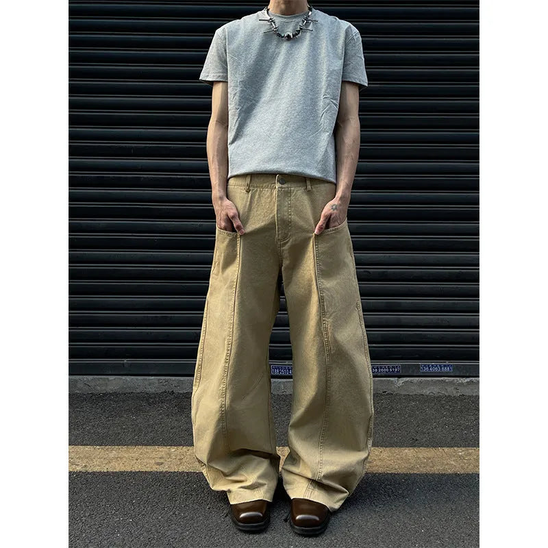 Men's straight leg khaki cotton trousers on a hanger, showing classic casual style.