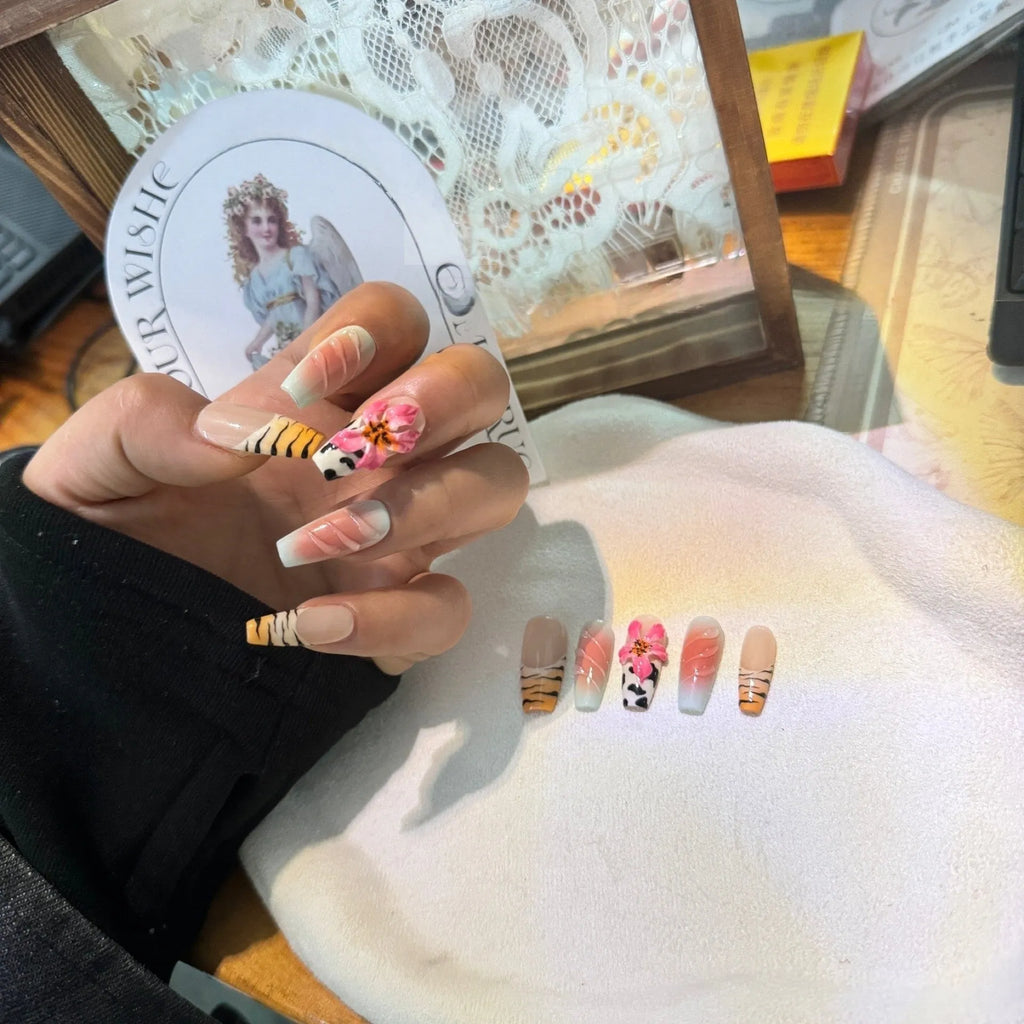 Zebra pattern lily hand carving nail art set with embossed flowers and leopard print in four sizes