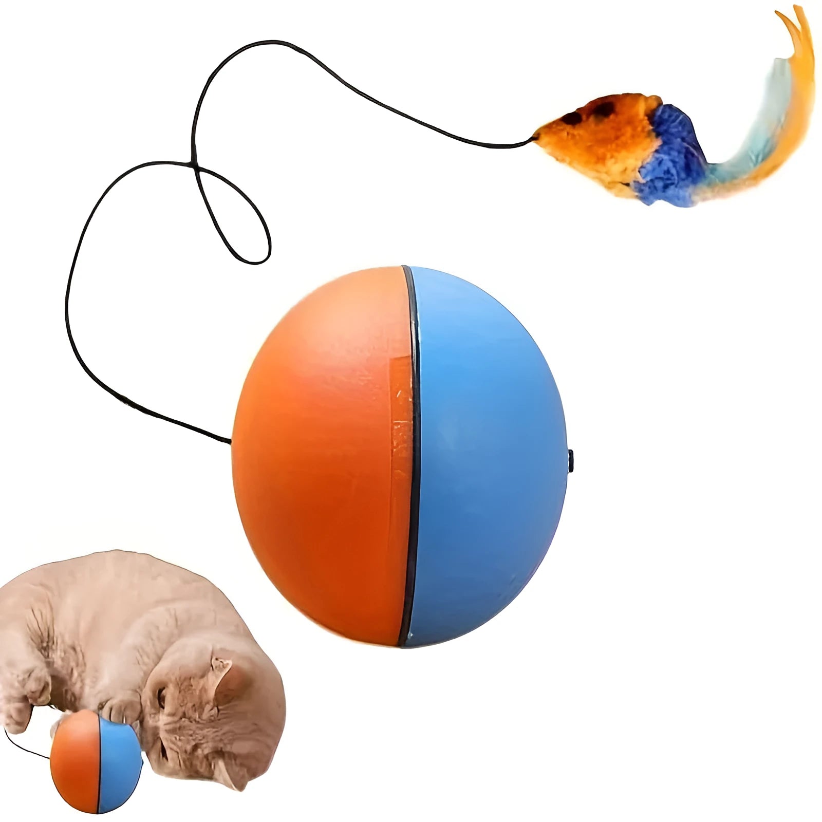 Interactive blue and orange cat toy ball with plush mouse attachment for feline exercise