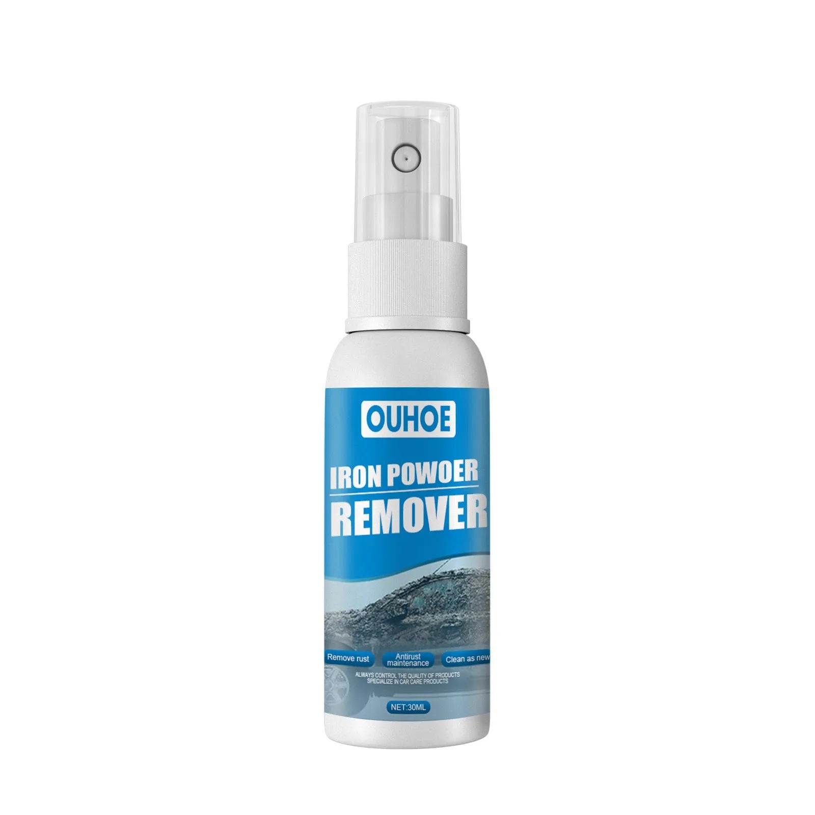 Automotive rust remover spray bottle with blue square sponge applicator for car metal surfaces