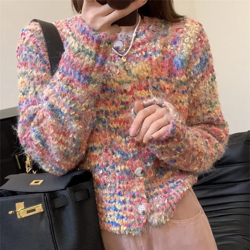 Pink and green rainbow knit cardigan with retro styling and slim fit