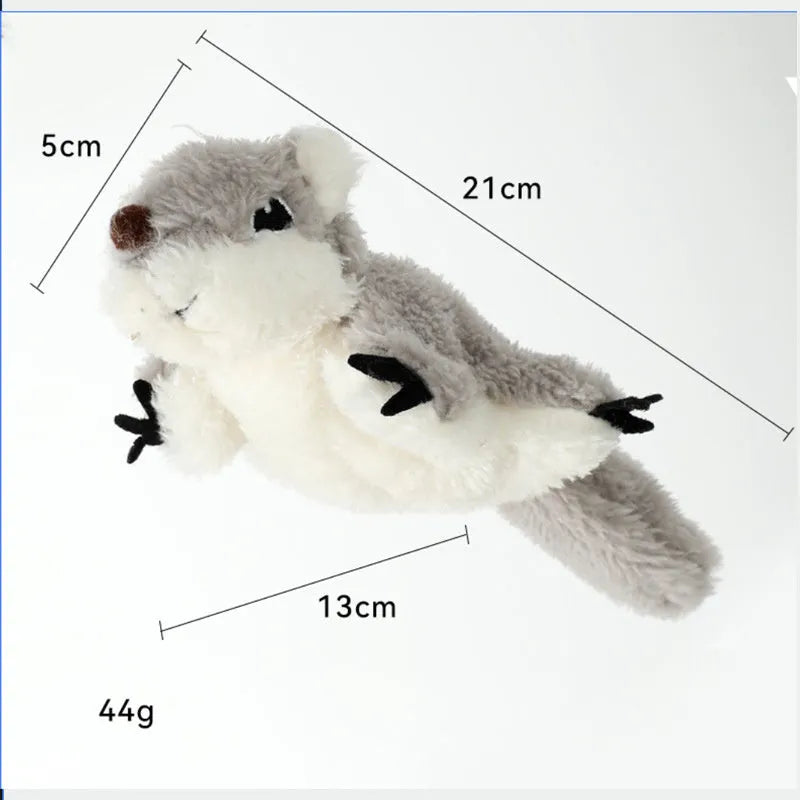 Grey flapping squirrel cat toy with motion sensor, USB charging port, and soft plush material