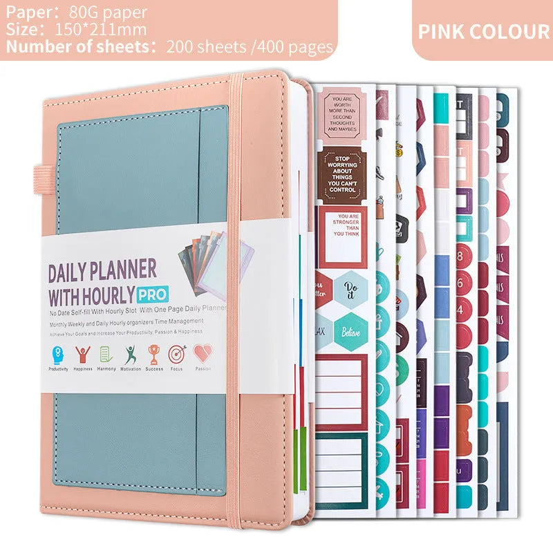 Creative trend notebook with PU cover, open to show undated strap and wood-free paper, with colour options displayed.