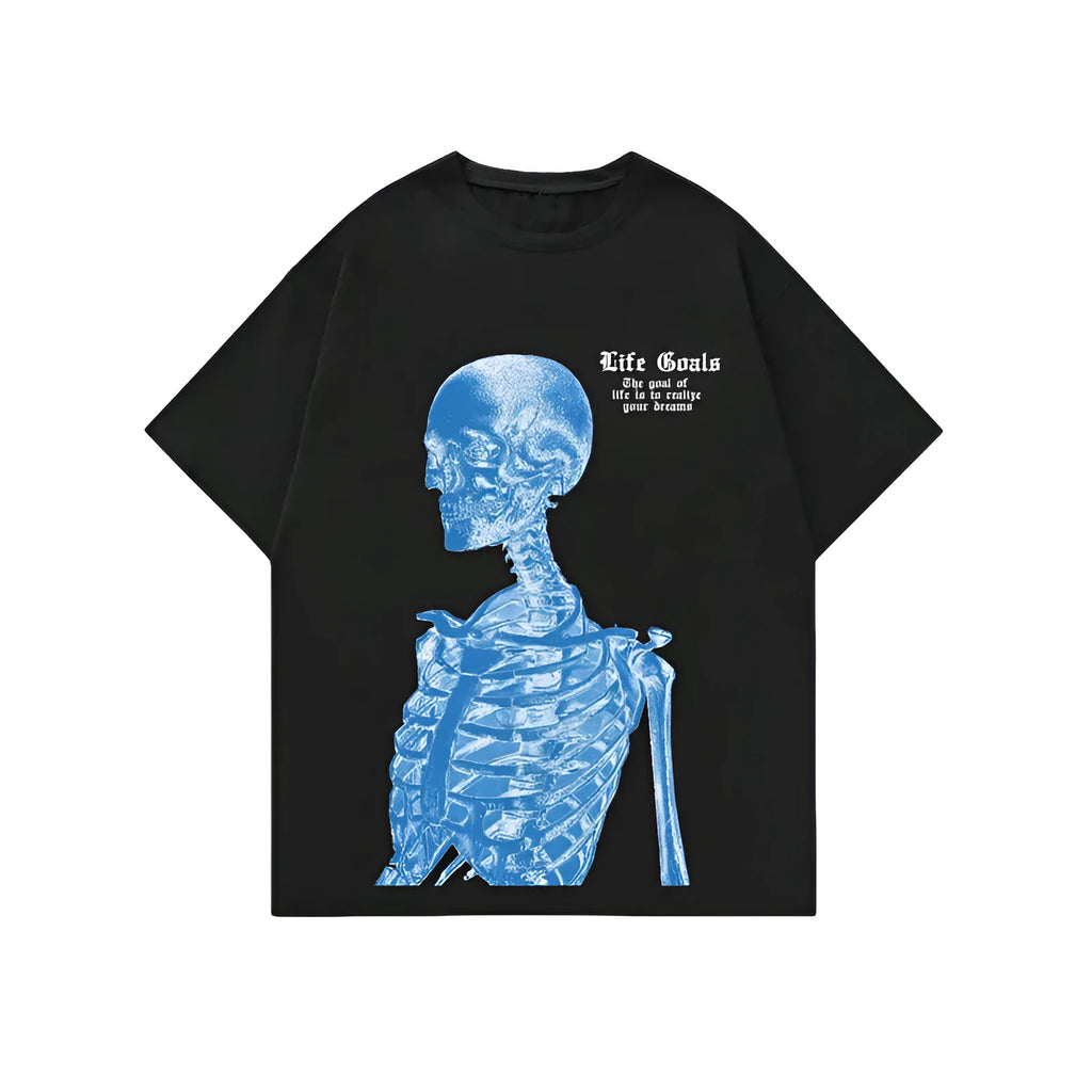 Men's printed short-sleeve street sports t-shirt on a hanger showing one of ten colour designs.