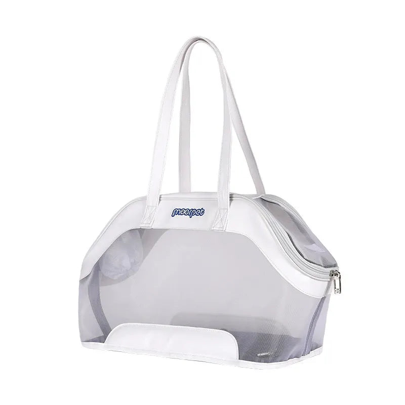 Leather pet carrier bag showing 25-litre capacity and medium hardness construction