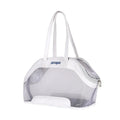 Leather pet carrier bag showing 25-litre capacity and medium hardness construction