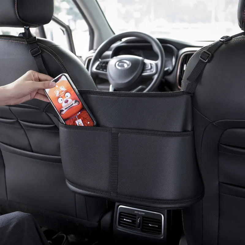 Black sports carbon fibre pattern leather car seat storage bag measuring 38cm wide