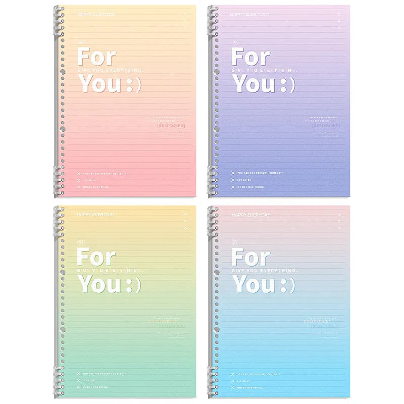A4 and B5 removable coil notebooks with gradient coloured PP covers in green, blue, pink, and purple.