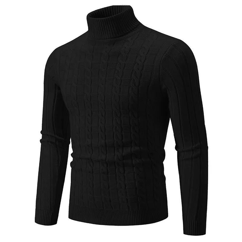 Men's slim fit chenille turtleneck pullover in dark gray on a hanger