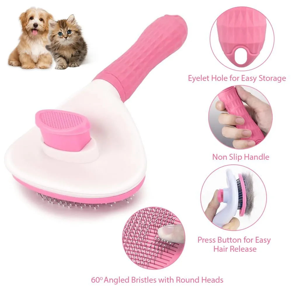Blue cat grooming brush with a release button for removing collected pet hair.