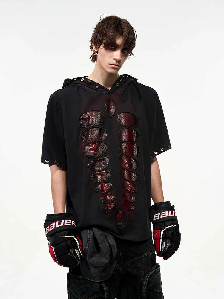 Black men's hooded short-sleeved T-shirt with loose fit and all-over sequins decoration.