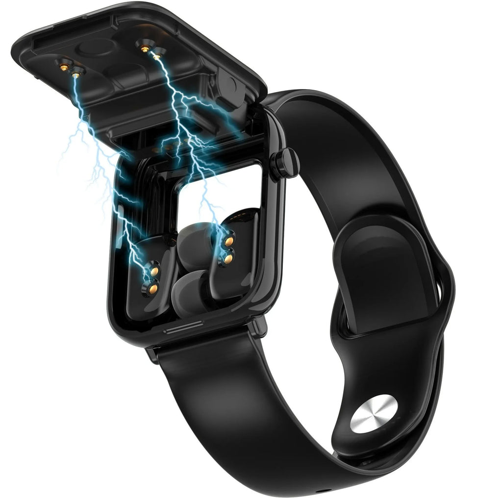 Black smartwatch with touch screen and detachable Bluetooth earbuds in charging case