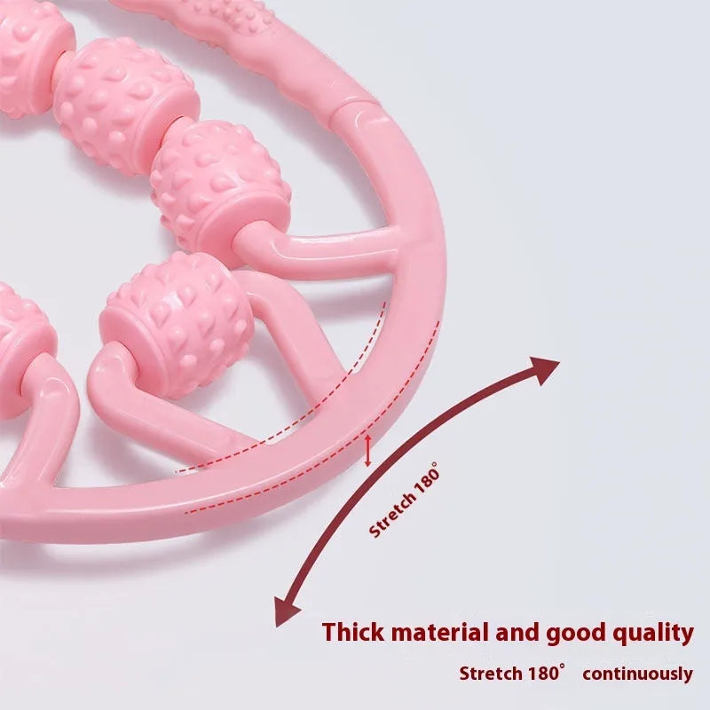 PP plastic leg massager roller with multiple wheels in macaron pink on a neutral background