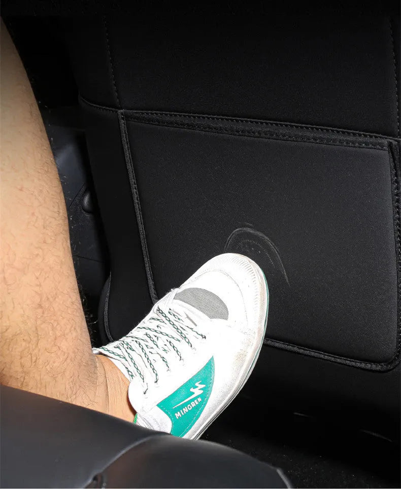 Black leather rear seat anti-kick pad with single pocket, dimensions 68cm by 42cm
