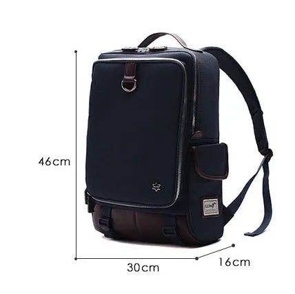 Korean style men's Oxford cloth backpack in seven colour options showing 30x16x46cm dimensions