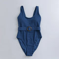 Navy blue women's slim fit one-piece swimsuit with triangle neckline and adjustable chest pads