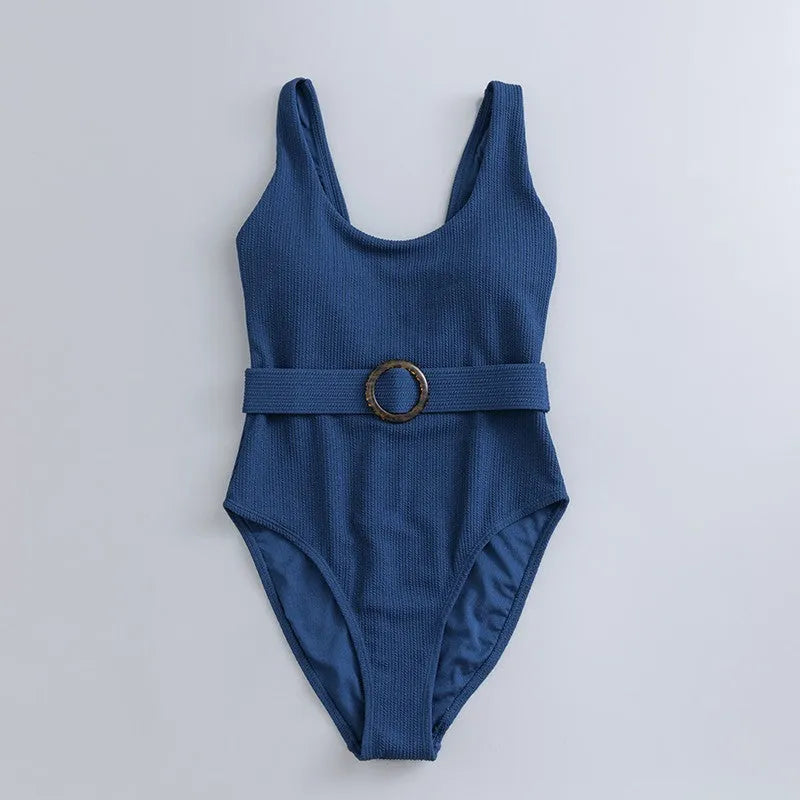 Navy blue women's slim fit one-piece swimsuit with triangle neckline and adjustable chest pads