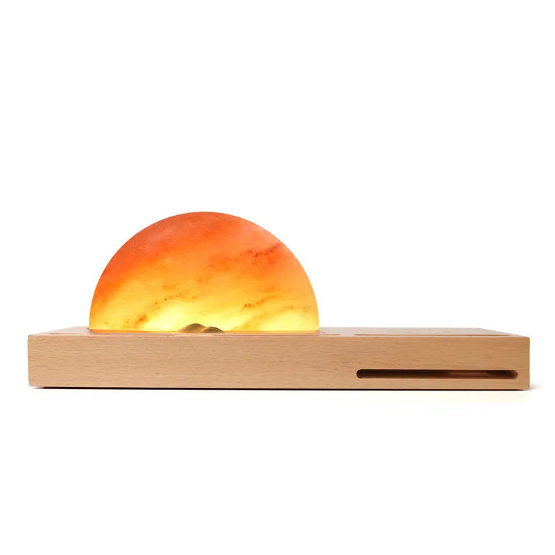 Sunrise Oriental natural crystal salt lamp with beech wood base and integrated wireless phone charging pad