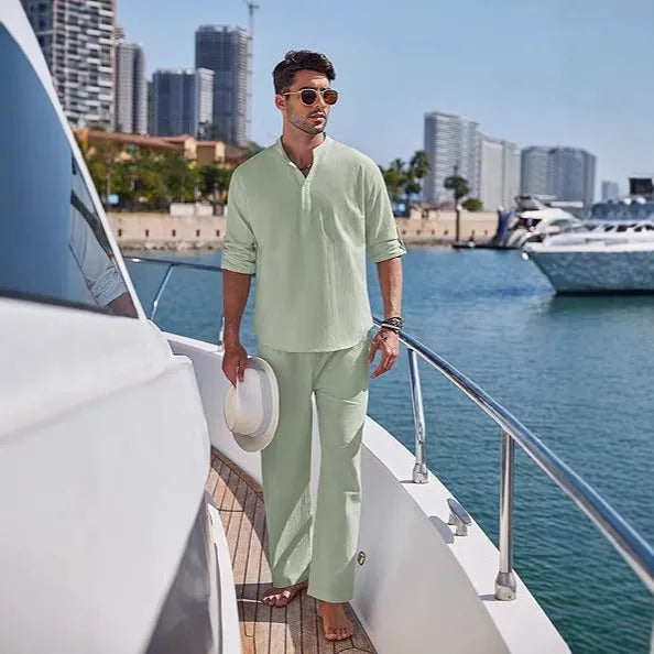 Men's solid colour cotton casual suit with long sleeve top and matching trousers in six colour options