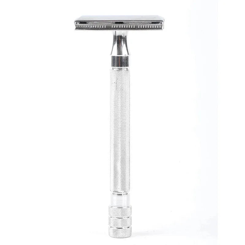 Old-fashioned manual pogonotomy scraping metal shaver with brush in black or silver