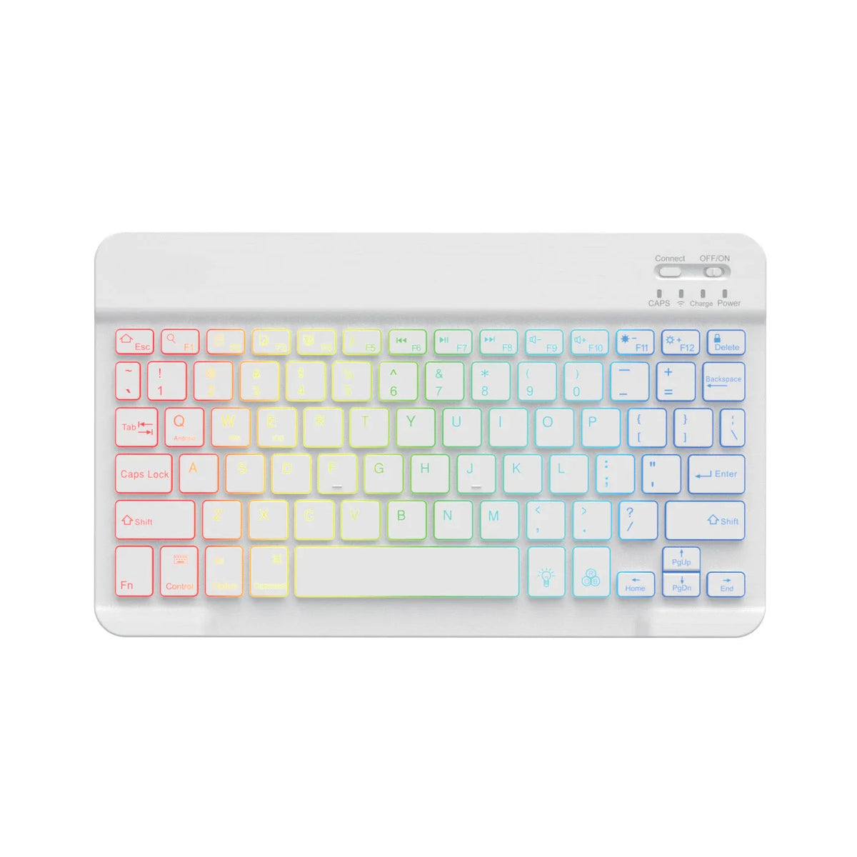 10-inch backlit Bluetooth wireless keyboard for tablets showing colourful LED lighting.
