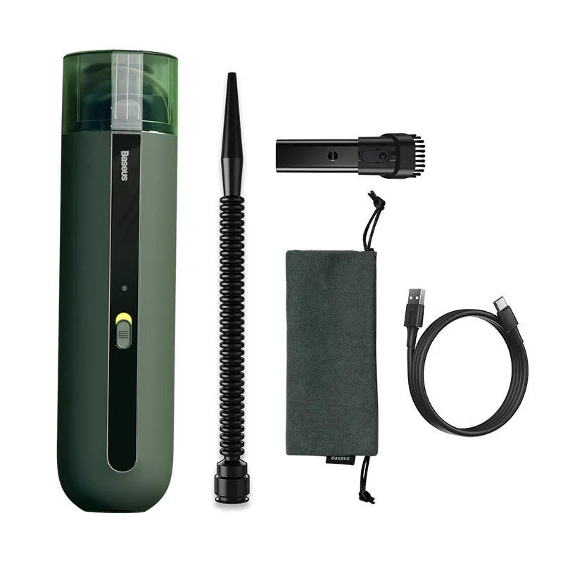 BASEUS wireless handheld car vacuum cleaner in black, white, or green with blowing hose attachment.