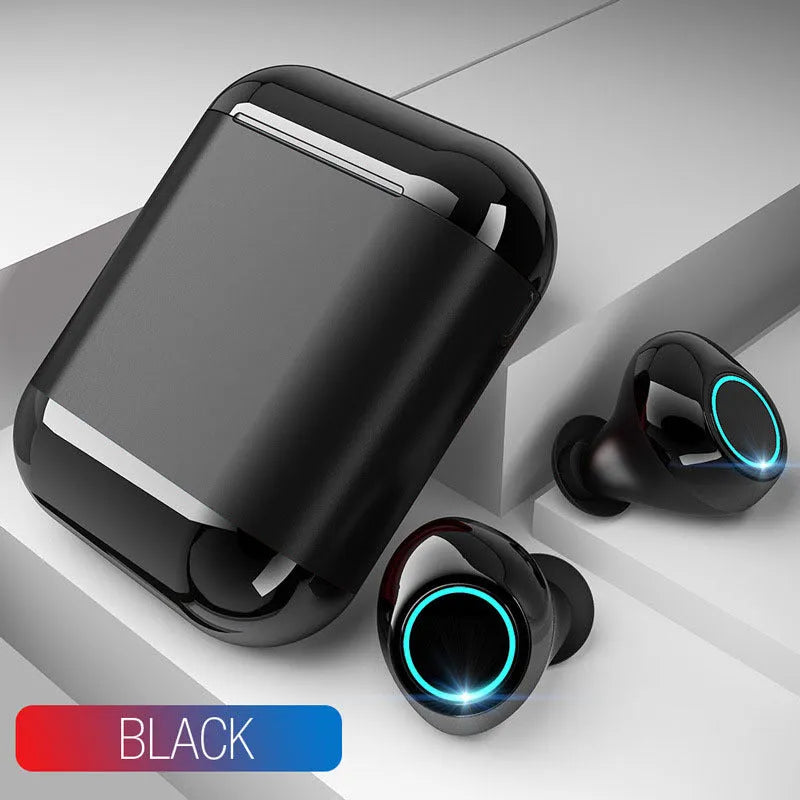 Black True Wireless Stereo Bluetooth earbuds with charging case on a grey background.