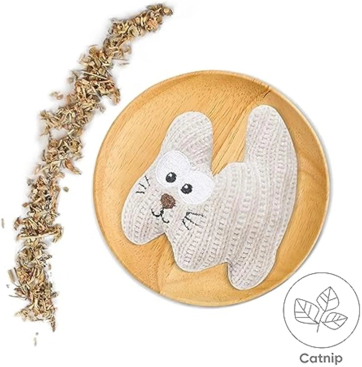 Cyan and light coffee plush catnip chew toy with bell for cats on a plain background