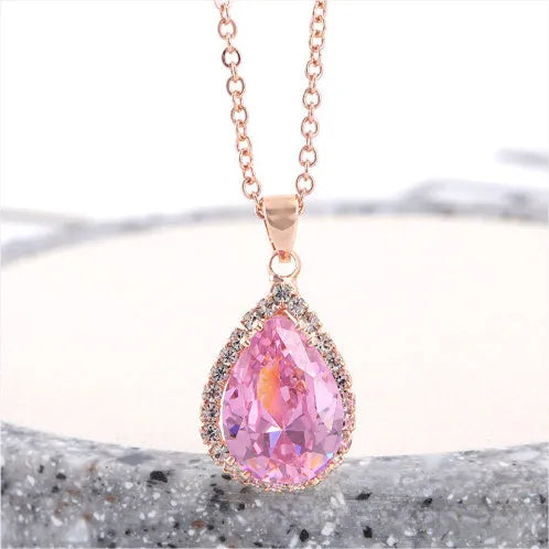 Rose gold pink drop shape alloy necklace with rhinestone and geometry elements