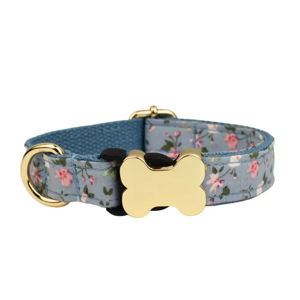 Flat nylon dog collar with bone buckle and printed grid design in multiple colour options.