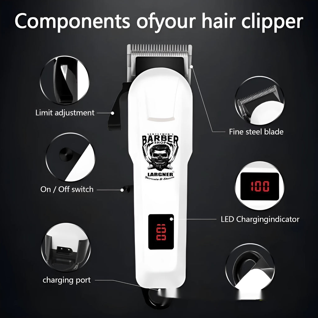 Rechargeable hair clipper with stainless steel blades and 4 guard attachments on plastic body