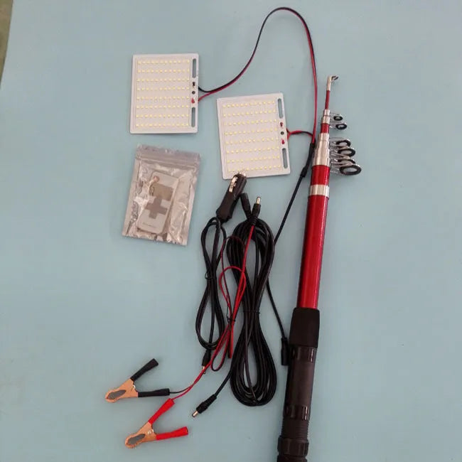 White LED fishing rod light panel on a tall telescopic pole with a remote control.