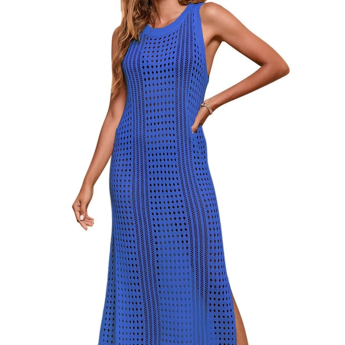 Women's loose knitted beach blouse in a solid colour with a hollow-out design.