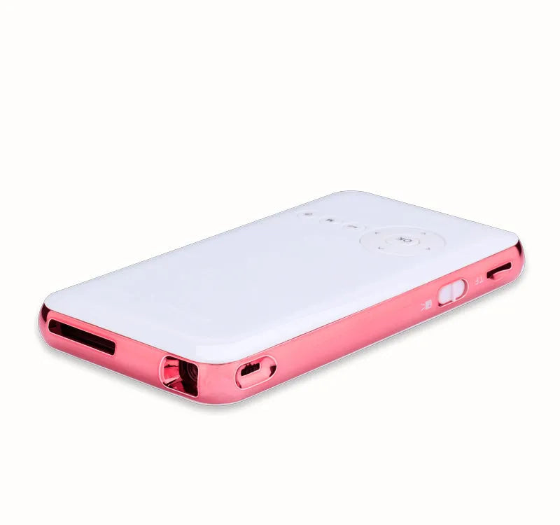 White and rose gold M6S miniature DLP Android projector showing compact 145mm size
