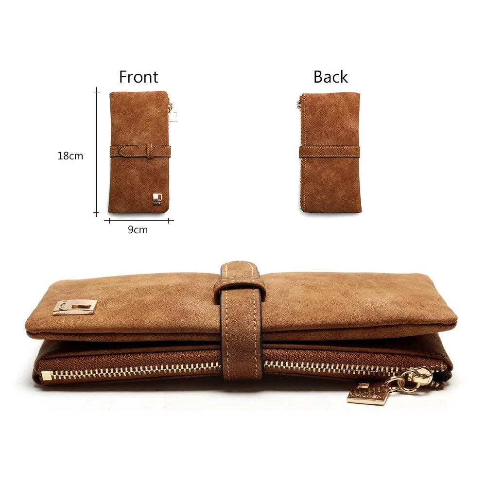 Women's long retro matte Pu leather two-fold zip wallet in vintage style with card slots and coin purse