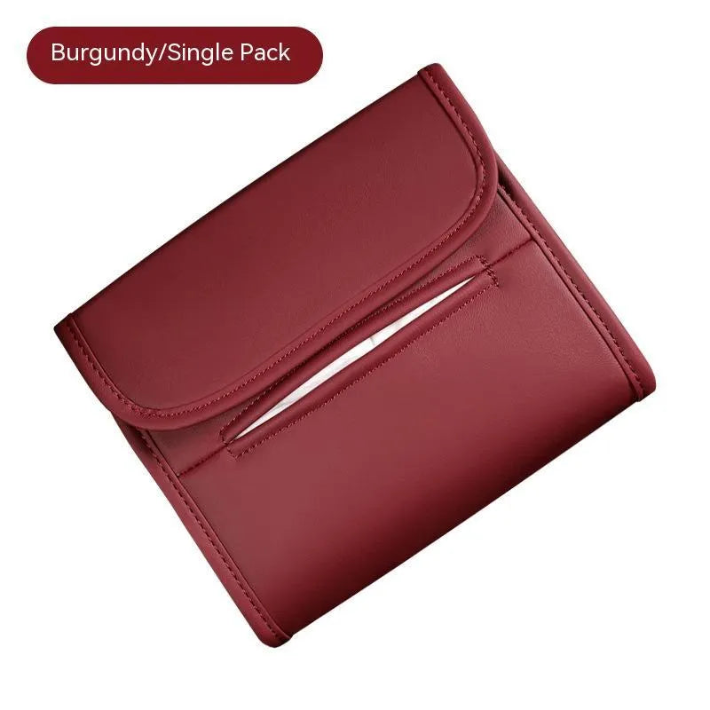 Leather car tissue box with elastic band button for sun visor or chair back mounting