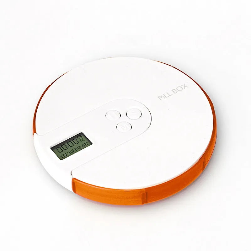 7-compartment alarm clock pill dispenser in multiple colours showing timer display and storage sections.