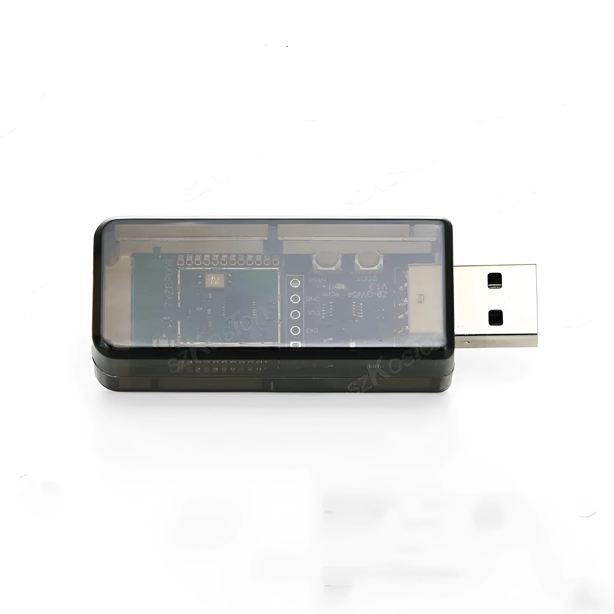 Silicon Labs EFR32MG21 Zigbee USB dongle in a plastic shell for Home Assistant integration.