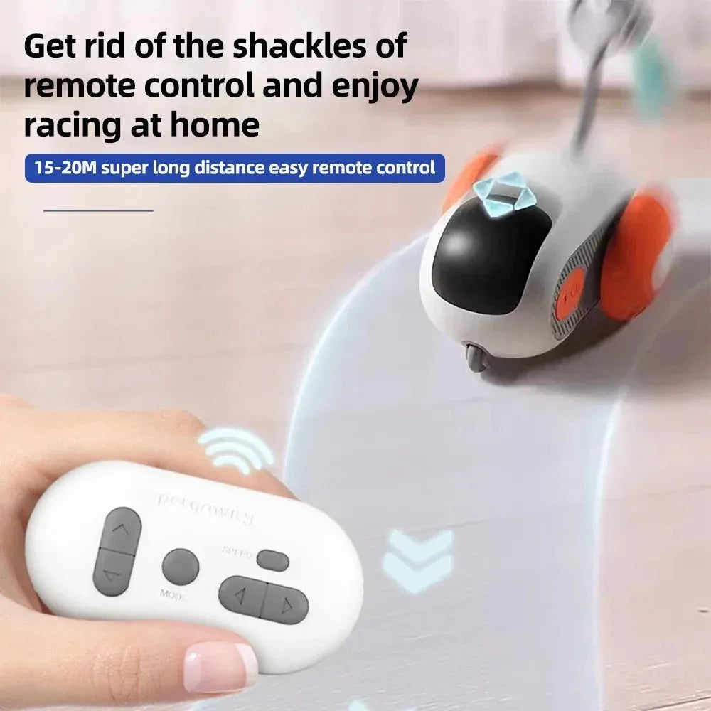 Blue remote-controlled smart cat toy car with feather teaser on a flat surface
