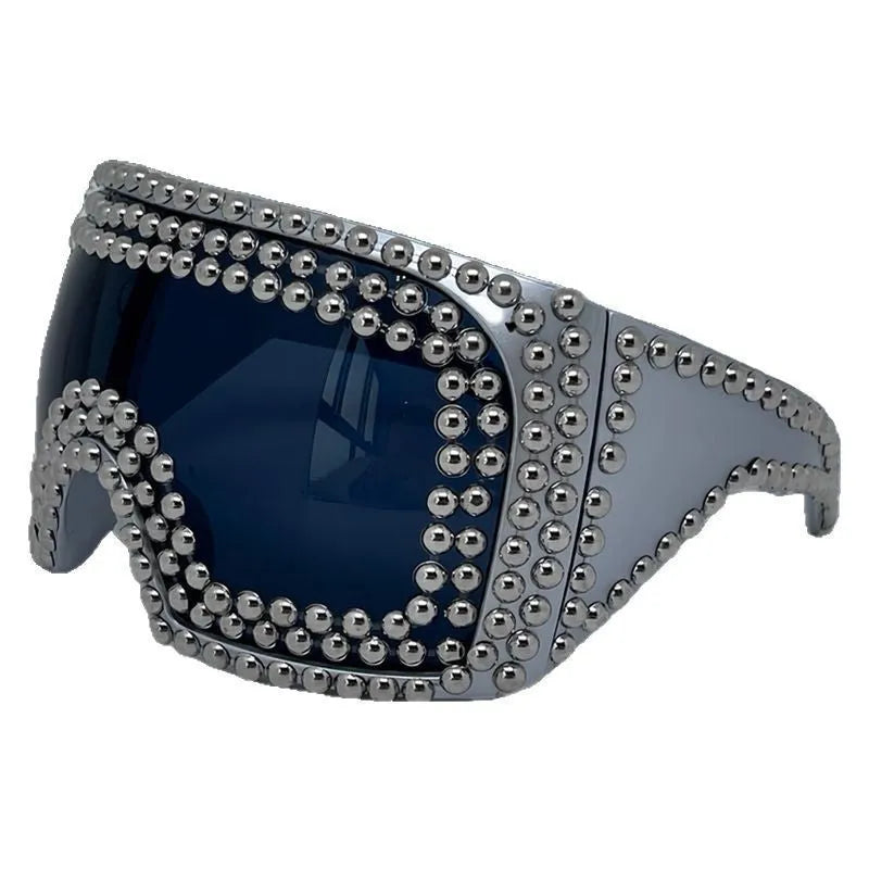 Men's large rim punk sunglasses with square rivet details in silver colour