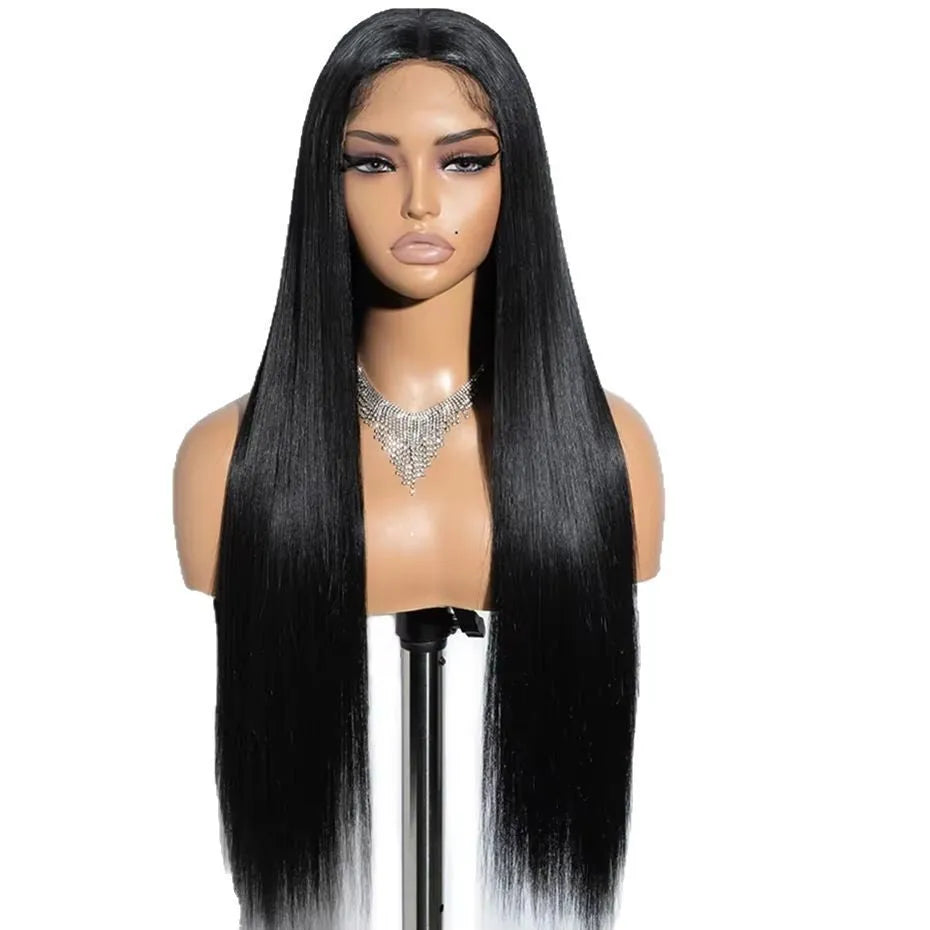 Glueless human hair straight wig with side bangs shown in natural style