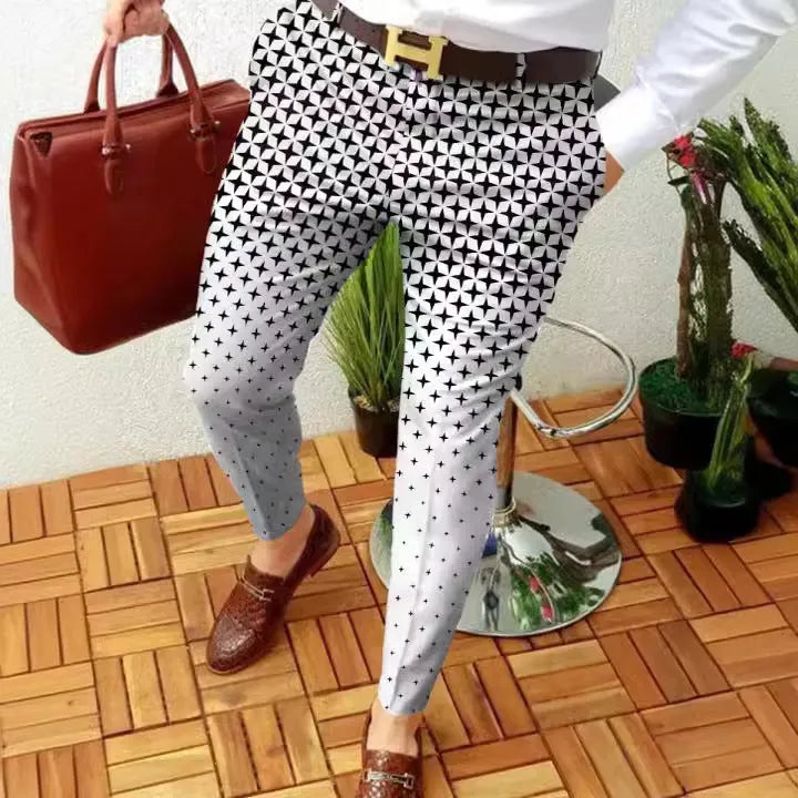 Men's slim-fit plaid trousers with 3D printed pattern in polyester blend fabric for autumn winter wear