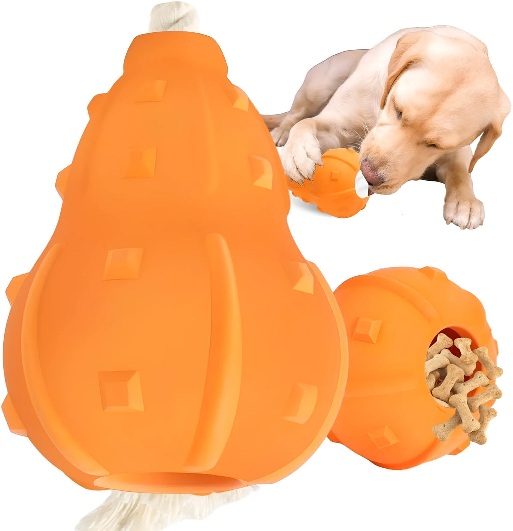 A natural rubber stuffable dog toy for small to medium breeds, shown with a hollow centre for treats.
