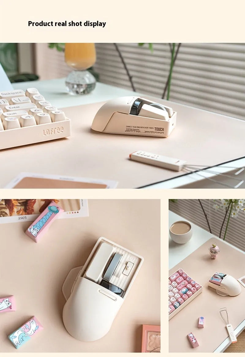 Xiaoqiao tofu-colour wireless mouse showing seven buttons and scroll wheel on desktop