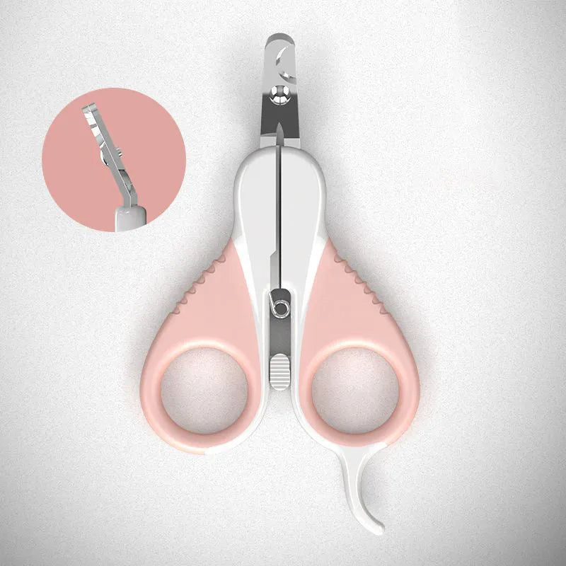 Cat nail clippers with angled stainless steel blade and safety lock in grey or pink