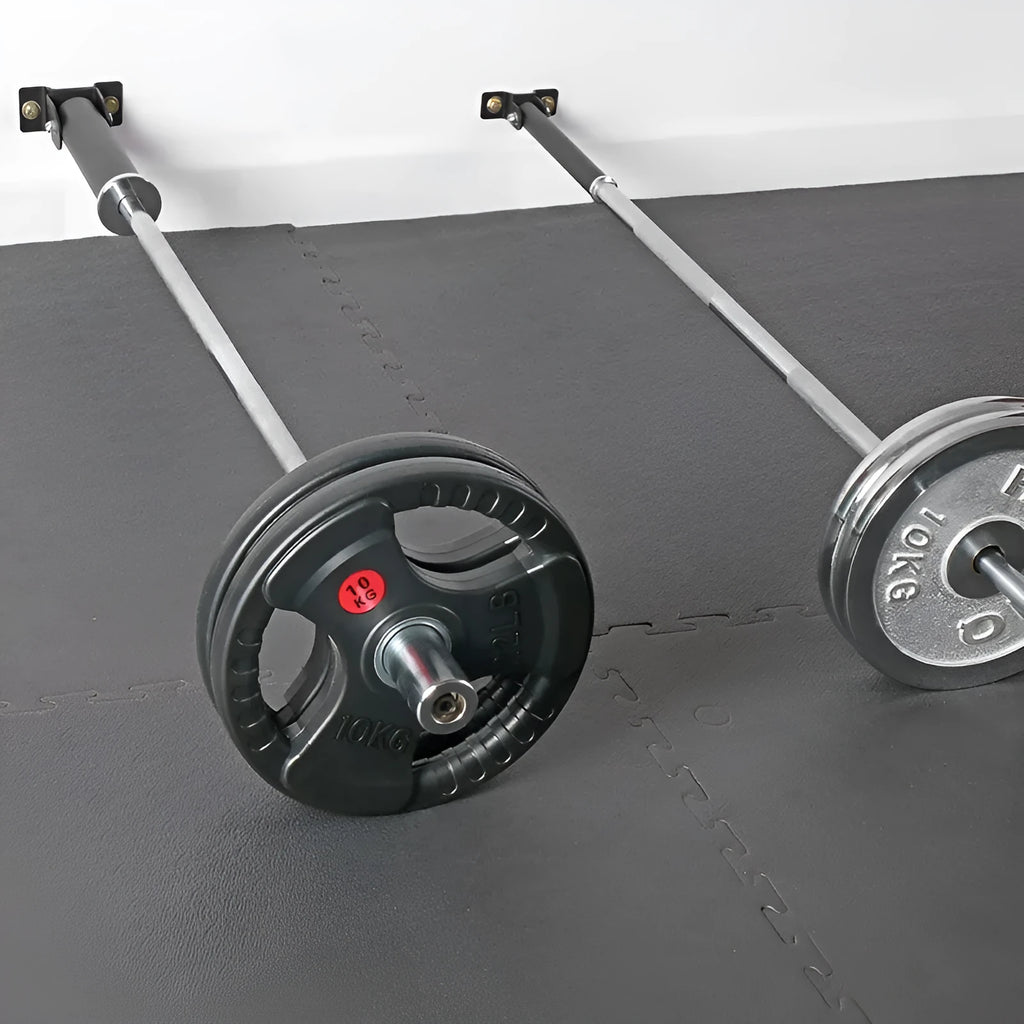 Wall-mounted steel barbell gun barrel rack with 25 tube holders for rod storage