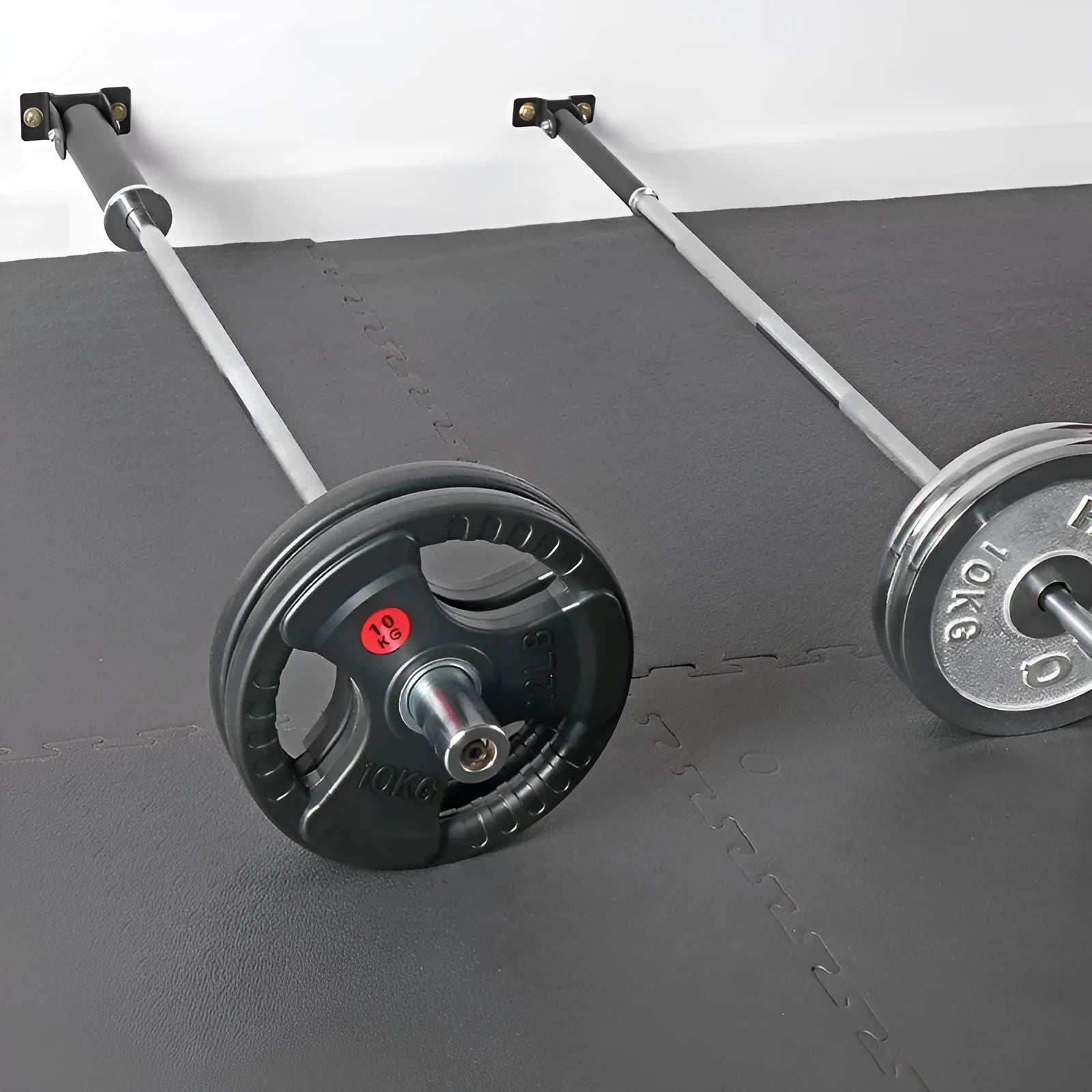 Wall-mounted steel barbell gun barrel rack with 25 tube holders for rod storage